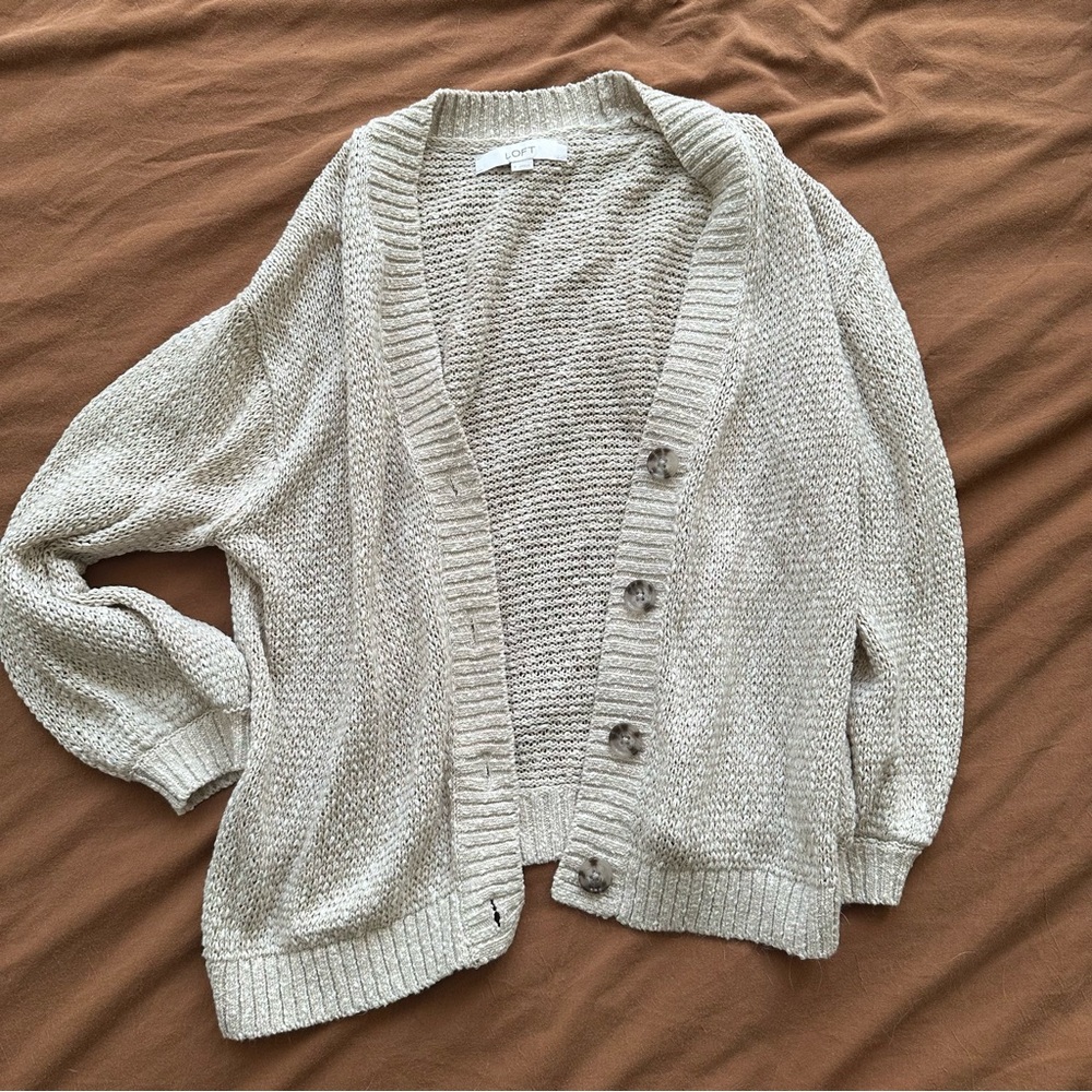 LOFT Light Cream Open-Weave Button Cardigan
